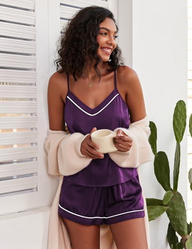 Image of Ekouaer Pajamas for Women Set Silk Satin Pjs Sexy Lingerie Sleepwear Cami Shorts Set Summer Nightwear S-XXL