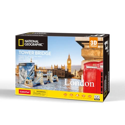 CubicFun 660978 National Geographic 3D Puzzle, Tower Bridge, 3D Modell Bastelset mit 120 Teilen, Modellbausatz für Kinder ab 8 Jahren