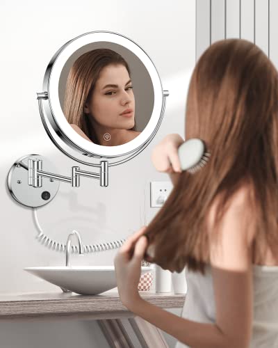 Gospire 9” Wall Mounted Lighted Makeup Vanity Mirror With 3 Color Lights & Stepless Dimming, 1X/10X Magnifying Led Double Sided Bathroom Touch Sensor Extendable Arm 360° Swivel Shaving Cosmetic Mirror #TOP6