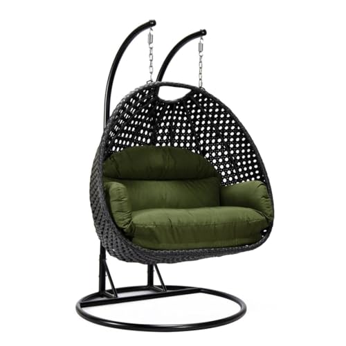 Image of Double Seater Hammock Swing Chair with Stand & Cushion | Heavy Duty Powder Coated Steel Frame | Outdoor Indoor Hanging Swing for Patio Balcony Garden Terrace Living Room (Black-Green)