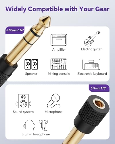 VCELINK 6.35mm 1/4 Male to 3.5mm 1/8 Female Audio Adapter, Gold-Plated TRS Stereo Jack, Solid Brass Housing, for Headphones, Guitar, Mixer, Amp, Keyboard, 1 Pack - Image 2