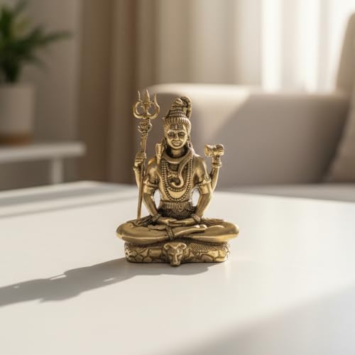 Image of eCraftIndia Golden Brass Lord Shiva Statue with Trishul Damru | Lord Shiva Idol for Home Office Car Dashboard | Shiv Murti | Shiv Idol Gift for Diwali Housewarming Maha Shivratri Birthday