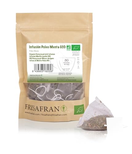 FRISAFRAN | Infusión De Menta Poleo en Pirámide Ecológica 30Ud | 60g | té poleo menta | Digestiva | Anti-resfriados | Bebida saludable | Té poleo para la Respitación | Antiviral natural | menta