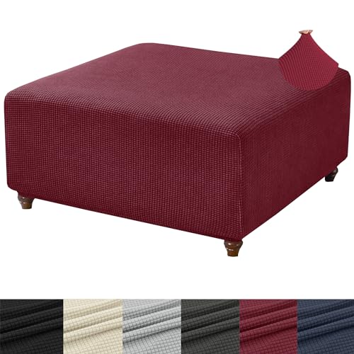 ANWUCHEN Funda otomana cuadrada de punto elástico jacquard cuadrada – Funda otomana cuadrada suave – Funda otomana gruesa de almacenamiento con parte inferior elástica, XL, color rojo