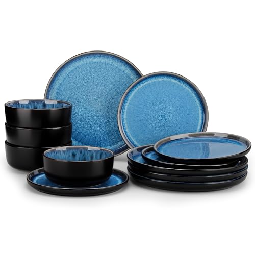 vancasso PLAYA Plates and Bowls Sets 12 Pieces Blue Dinnerware Sets for Kitchen Reactive Glaze Dishes Set for 4 Dishwasher and Microwave Safe