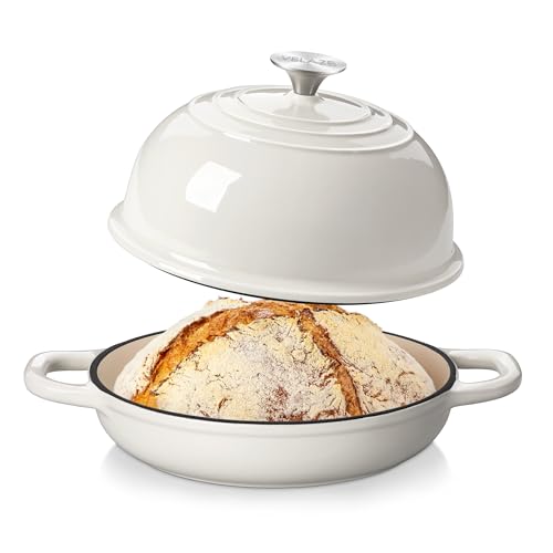 Velaze Enameled Cast Iron Dutch Oven for Bread Baking,5 QT Round Bread Oven Pot with Dome Lid for Sourdough, Roasting,Braising(White)