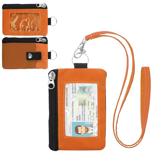 Image of Minimalist RFID Wallet with Lanyard, Multi-Functional ID Case with 2 Zipper Pockets and Key Chain for Men and Women, Tactical Badge Pouch Cards Holder, Coin Purse for Travel Sports - Orange