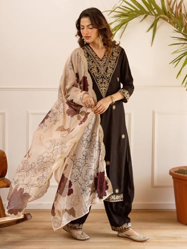 Image of INDO ERA Women's Rayon Viscose Rayon Embroidered Straight Kurta & Salwar with Dupatta Set