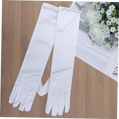 1pair Wedding Flower Girl Gloves Long Satin Pearl Decor Elegant Gloves for Special Occasions White3