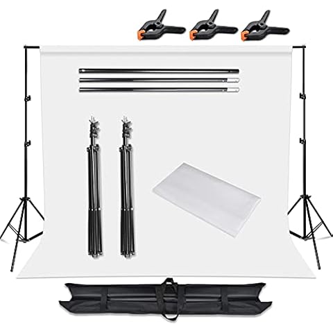 YORKING Backdrop Stand Kit 2 * 2m(6.5 * 6.5ft) Adjustable Background Support Stand Backdrop Support Kit with 3m x 1.6m White Photography Backdrop Carrying Bag and 4 Clamps Cover