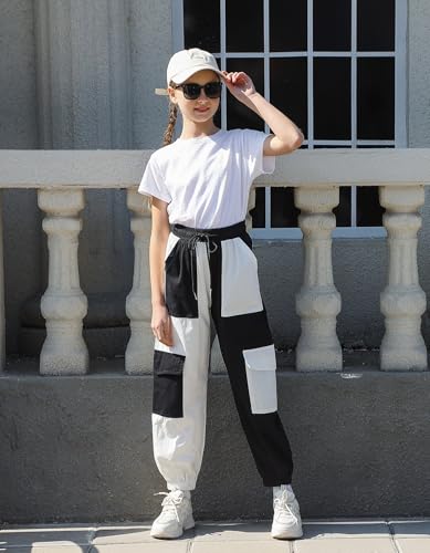 Image of Girls Cargo Pants Elastic Waist Casual Jogger Pants for Girls Streetwear Loose Parachute with Pockets 7-14Years