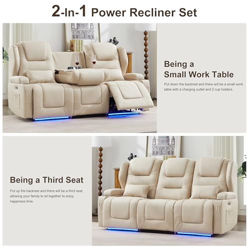 Image of DRMBOOK RV Power Loveseat Recliner Sofa, Leathaire Fabric 3-Seater Wall Hugger Reclining Sofa, Home Theater Seating Chair with Cup Holder, 3 Person Couch RV Furniture for Living Room, Beige