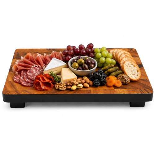 Image of Woodard & Charles Raised Acacia Wood Serving Tray, 12 inch x 8 inch x 1.75 inch, 4 Pack | Platform Serving Tray with Feet; Serve Cheese, Charcuterie, Sushi, Appetizers, Small Bites at Home, Parties, Catering Events