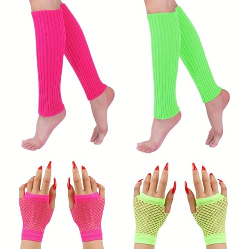 HHJJRZ 80s Neon Leg Warmers and Fishnet Gloves Set for Women Stretchy 80s Costume Accessories for Yoga Running Birthday Party Halloween Performances