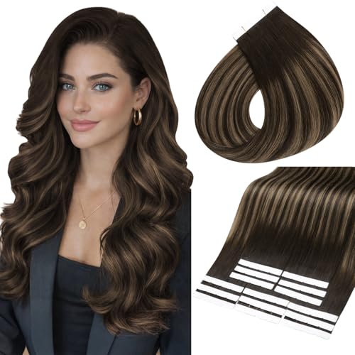 Image of Full Shine Wide Tape in Extensions Human Hair, Dark Brown Mix 22 Inch | 75g 15 PCS, Brazilian Tape in Human Hair Extensions, Full Coverage Design, Thick Ends, Long Style, Easy Maintenance