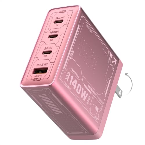 Image of Mfish E-Rhino 140W USB-C Charger, True PD 3.1 GaN Fast Charger, 4-Port (3 USB-C + 1 USB-A) Foldable Plug Power Adapter for MacBook Pro 16 inch, iPhone 17 /16, iPad, Galaxy, Tablet, Laptop, Pink