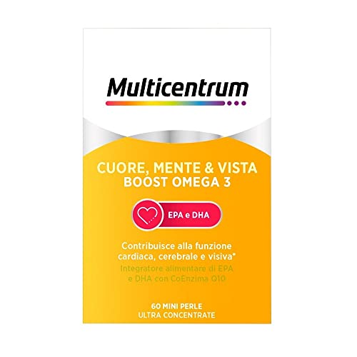 Multicentrum Omega3 Cuore, Mente & Vista Boost Omega 3, Integratore Alimentare di EPA e DHA, Tripla Azione Funzione Cardiaca, Cerebrale e Visiva, Senza Glutine, 60 mini perle