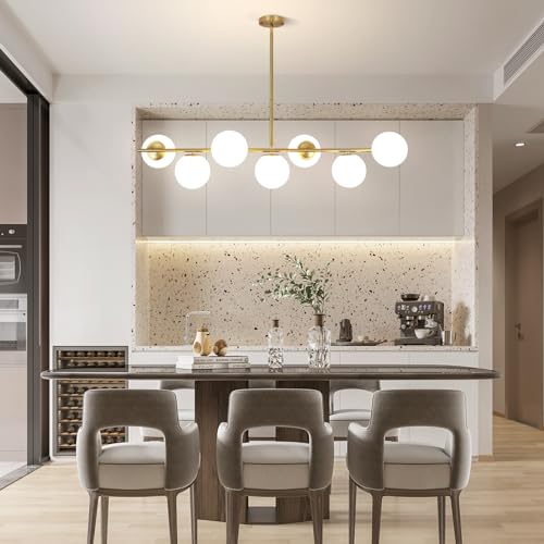 KELUOLY Linear Chandelier for Dining Room, 7-Light Gold Mid Century Pendant Light, 45" Modern Sputnik Kitchen Light Fixture Brushed Brass Finish with White Glass Lampshade for Office, Cafe, bar by KELUOLY - Used condition - Image 8