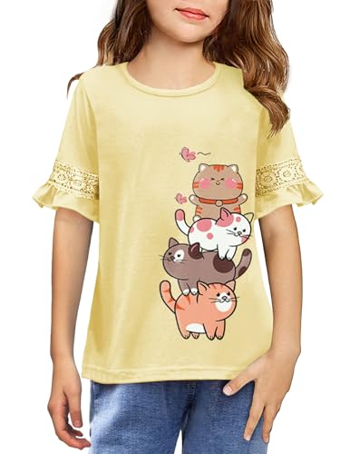 Arshiner Niñas Camisetas Manga Corta Bordado Niños Moda Ocio Camisa Verano Manga de Encaje Tops Camiseta Básica para Niñas 4-5 Años Gato