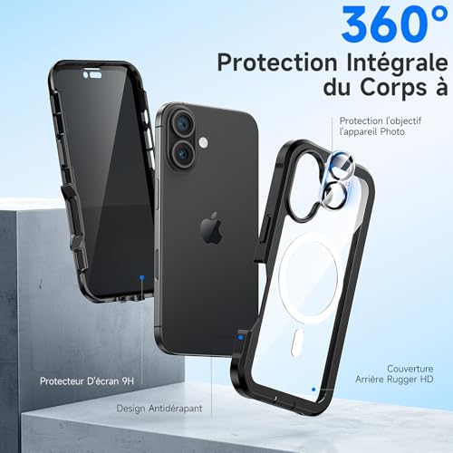 Coque magnétique iPhone 16 antichoc noir compatible MagSafe avec protection écran
