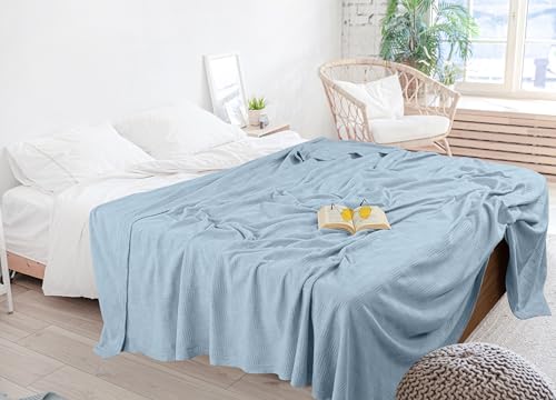 Utopia Bedding Sky Blue 100% Cotton Blanket [Queen Size - 90x90 Inch] 350GSM Lightweight, Soft and Breathable Thermal Blanket for All Seasons