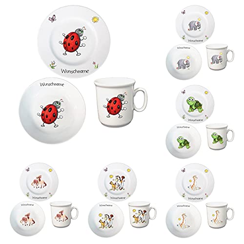 Kindergeschirr personalisiert - Frühstücksservice 3-tlg. Porzellan Teller Becher Schale personalisierbar mit Wunschname Name Frühstücksset mit Namen personalisiert (Marienkäfer)