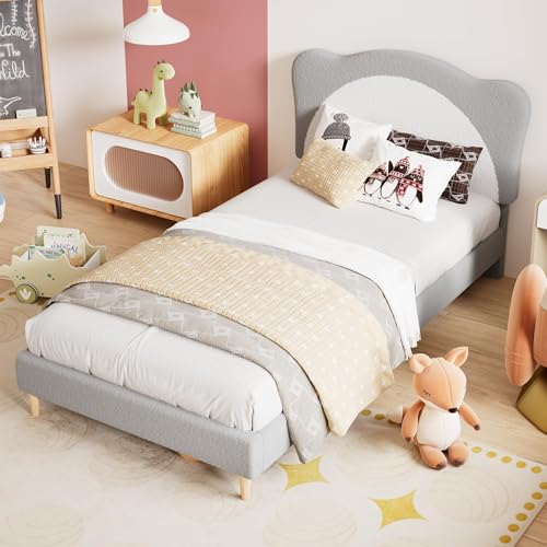 IDEALHOUSE Full Size Bed Frame for Kids with Adjustable Headboard, Upholstered Platform Bed for Girls, Boucle Fleece, No Box Spring Needed, Easy Assemble, Noise Free, Light Grey by IDEALHOUSE - Image 2