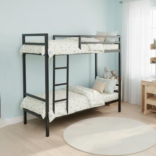 Image of Metal Wrought Iron Bunk Bed Frame Without Mattress | Heavy Duty Double Decker Twin Over Twin Bed with Guardrails & Ladder | Powder Coated Bunker Bed for Adults (Single 3 x 6 feet)