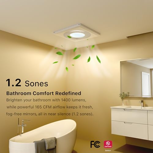 FWASTT Bathroom 12IN Exhaust Fan with Light 165CFM 3CCT Shower Bathroom Vent Fan with 1400lm Led Light Combo Quiet 1.2 Sones Bath Ceiling Vent with Adjustable Led Light (6500k Ivory White) by FWASTT - Used condition - Image 3