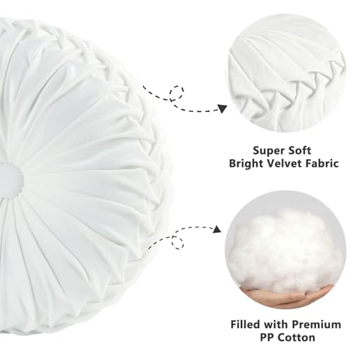 Image of HIG Set of 2 Decorative Round Pleated Throw Pillows, Classy Accent Pumpkin Throw Pillows with Center Button, Vintage Velvet Floor Pillows for Sofa Vanity Chair Bed, White, 14.5 inch Diameter(Ripple)