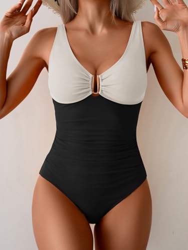 Image of B2prity One Piece Swimsuit for Women Tummy Control Ruched Bathing Suit V Neck Push Up Swimwear