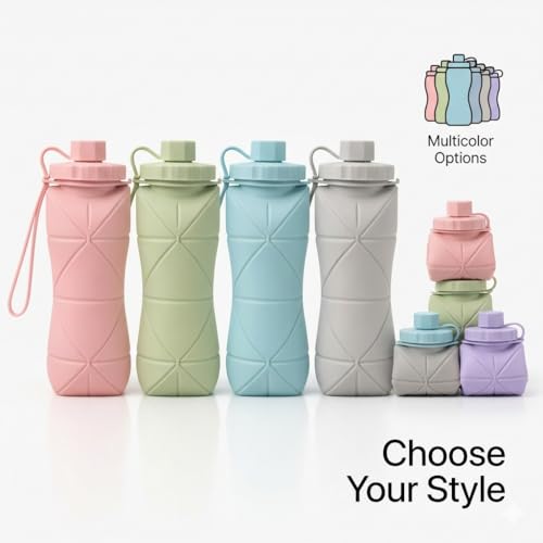 Image of foldable water bottle 610ml Collapsible Silicone Water Bottle | Foldable, Leakproof BPA-Free | Portable Wide Mouth Bottle for Travel, Gym, Cycling, Camping, Sports | Multicolor (Assorted) 1Pcs.