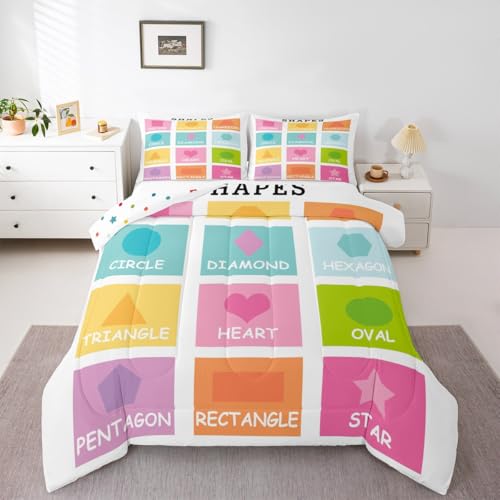 Image of Feelyou Kids Shapes Bedding Set Full Size, Educational Comforter Set Boys Girls Preschool Duvet Insert Learning Teens Bedroom Decor with 2 Pillow Case