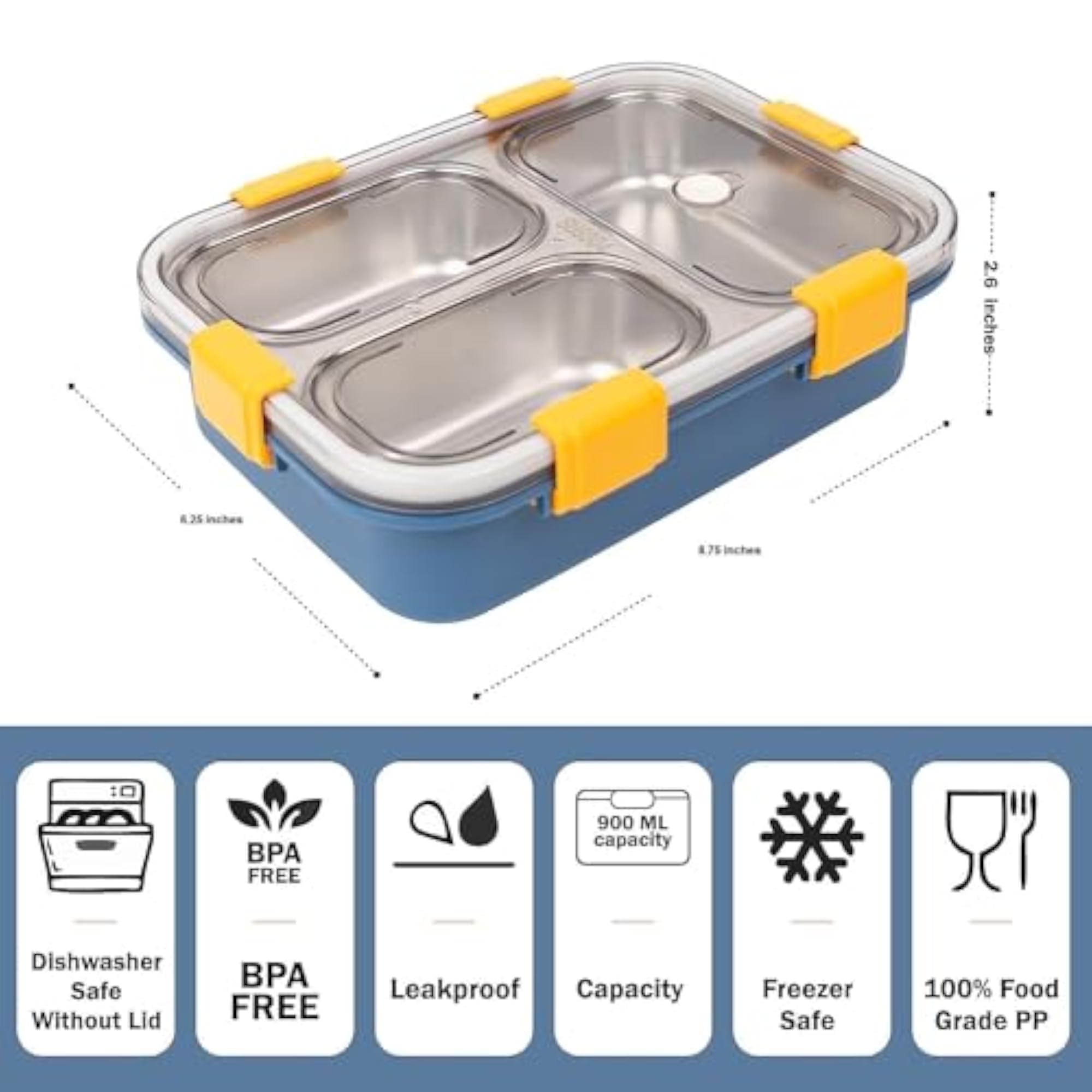 Stainless Steel 3 Compartment Lunch Box with Spoon, Leakproof