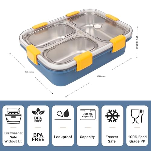 Image of Sanghariyat 3 Compartment Lunch Box Insulated Air Tight BPA Free Lunch Box, Stainless Steel 100% Leak Proof Lunch Containers with a Fork a Spoon and a Pair of Chopsticks for School Kids -750Ml (Blue)