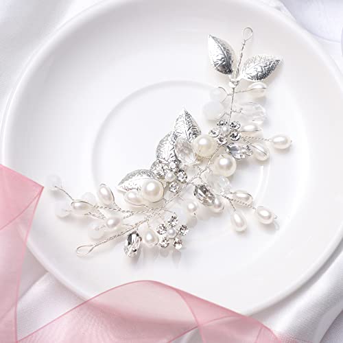 Brautschmuck, Etercycle Braut Kopfschmuck Hochzeit Haarspangen Kristall Haarnadeln Reben Blume Blatt Perle Haarschmuck für Braut (Silber)