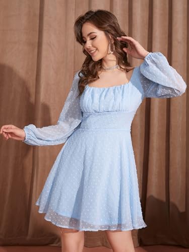 Image of Women's Polka Swiss Dots Square Neck Dress Lantern Long Sleeve Dress for Women Chiffon Mini Dress