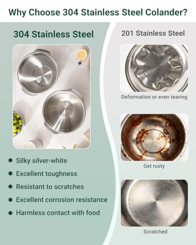 Image of Colanders & Food Strainers,Stainless Steel Colander,2 Pcs Kitchen Strainers with Mixing Bowl for Pasta, Rice, Vegetables,Dishwasher Safe Metal Colander with Handles,Kitchen Gift (primary colour, 5QT)