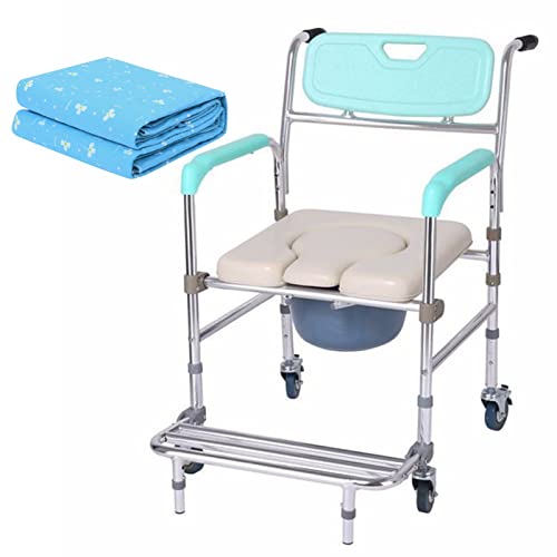 ZHOUWENQION シャワー車いす ポータブルトイレ 洗えるベッドパッド付き シャワーチェア トイレ バスタブ ベッドサイド 便座椅子 バスルーム 滑り止め 調節可能な脚 車輪付きコモトイレチェア