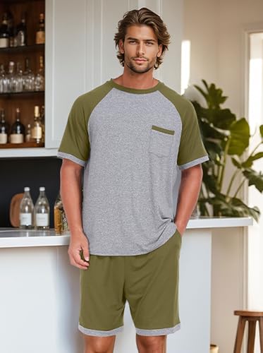 Image of Mens Pajamas Set Lightweight Summer Pjs Sleepwear Soft Comfy Short Sleeve Loungewear With Pocket (S-4X)
