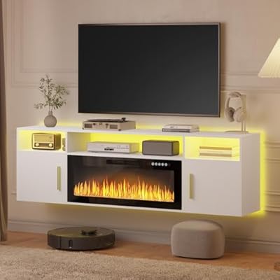 PUKAMI 70" Floating TV Stand with 36" Electric Fireplace,Wall Mounted Entertainment Center with LED Lights and Highlight Storage Cabinet for TVs up to 80" for Living Room(White)