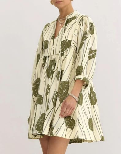 Women Floral Babydoll Mini Dress V Neck 3/4 Puff Sleeves A Line Flowy Swing Summer Sun Dresses2