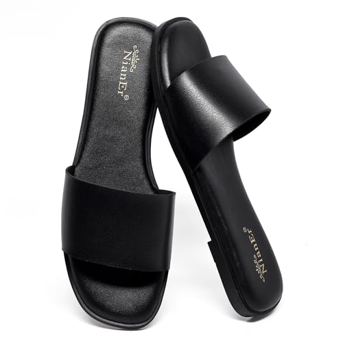 Image of NianEr Womens Microfiber Leather Memory Foam H Sandals Summer Shoes Slides | Flat, Comfortable, Slip On, Dressy, Dress, Beach, Vacation, Designer, Comfy, Casual, Bridal, Church, Boho, Office, Work