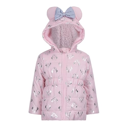 Disney Minnie Mouse Girls Puffer Jacket with Ears and Bow for Toddlers, Little Kids, and Big Kids