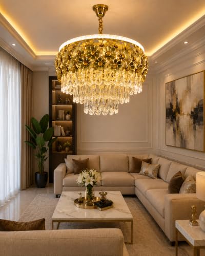 Image of Elegant Chandelier Ceiling Light for Living Room Hanging Pendant Light | Italian K9 Crystals | Metal Frame | Adjustable LED Light-Pack of 1 (Chandelier-Floral-400MM-Gold)