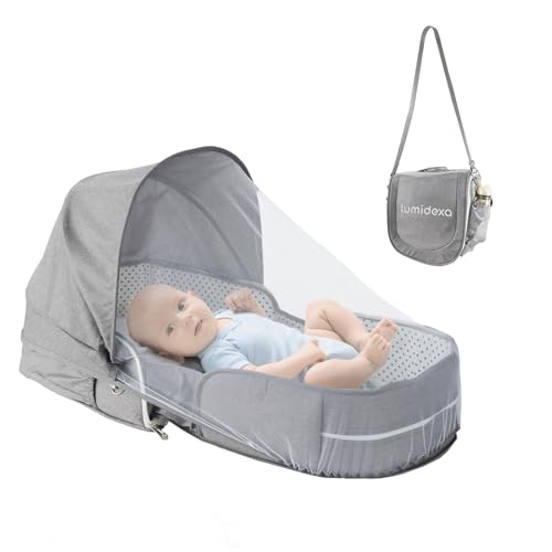 Image of Baby Portable Bassinets Travel Bassinet - Foldable Carry Bag Anti-Pressure Co Sleeper for Baby in Bed Infant Travel Crib for 0-10M Baby, 2-1 Mosquito and Canopy Travel Pod Travel Bed Mattress，Grey