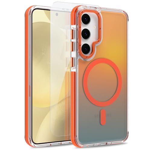 Image of Magnetic Case for Samsung Galaxy S24 Plus [Compatible with Magsafe] [Cute Fashion Fluorescent Design] [1 Screen Protector] Slim Translucent Matte Case for Galaxy S24 Plus 6.7 inch, Orange