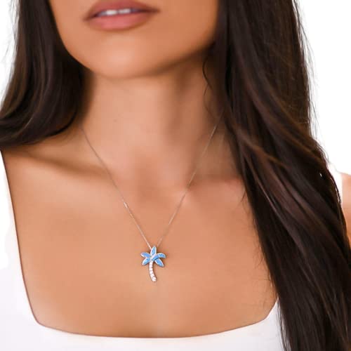 Beaux Bijoux Sterling Silver Simulated Opal Palm Tree Necklace For Women | Cz Diamond And Created Blue Opal Pendant Necklace With 18 Inch Silver Chain #TOP1