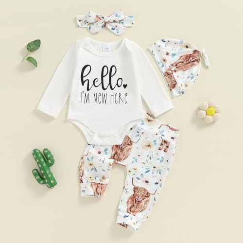 MERSARIPHY Hi I'm New Here Newborn Outfit Baby Boy Girl Going Home Hospital Clothes Letter Romper Pants Infant Clothing Set2