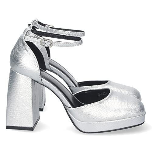 shoes&blues.es 69496-Sandalia de Tacon para Mujer, Comoda, Pala Cerrada, y Cierre de Hebilla, Otono Invierno 2022. Talla 38 Plata
